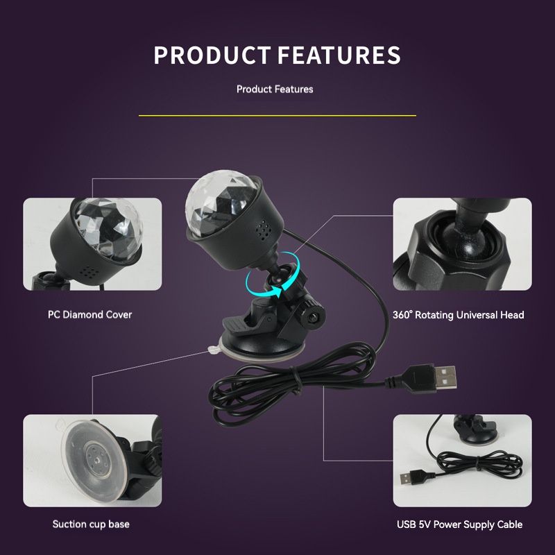 USB car ambient light, voice-controlled music flashing color lights, multi-color burst flashing lights, car interior decoration, rhythm light strips, suction cups