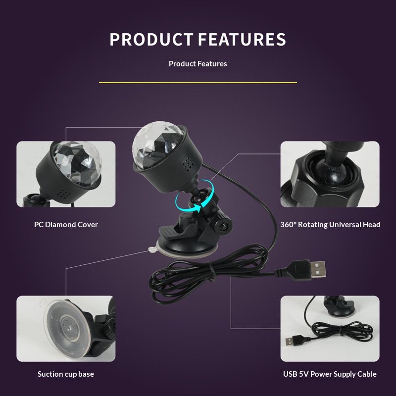 USB car ambient light, voice-controlled music flashing color lights, multi-color burst flashing lights, car interior decoration, rhythm light strips, suction cups