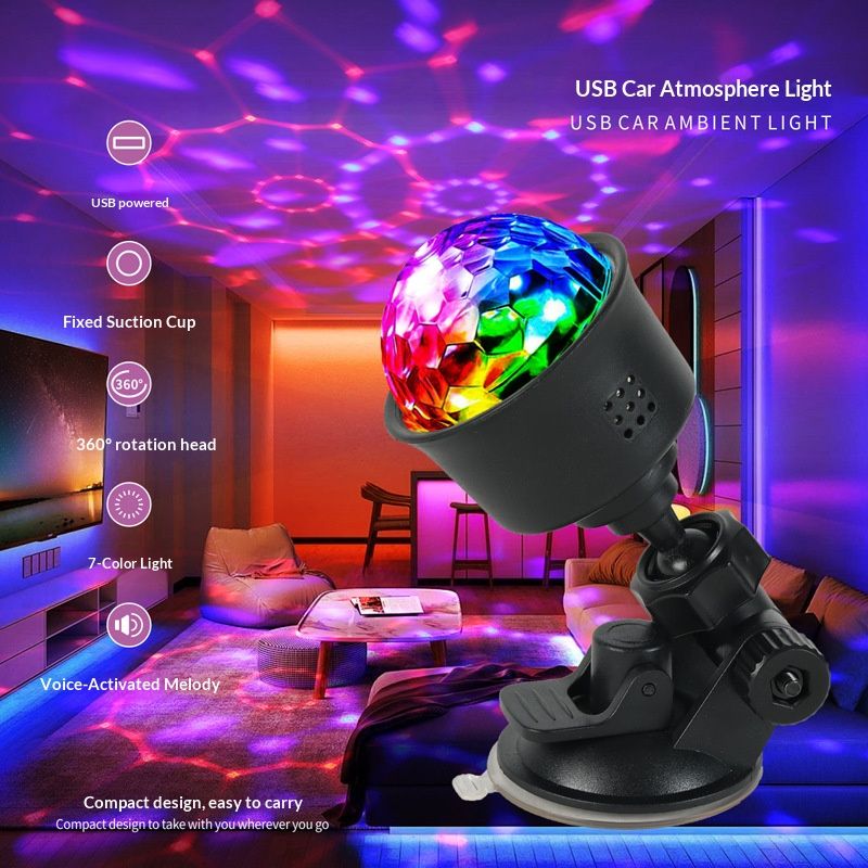 USB car ambient light, voice-controlled music flashing color lights, multi-color burst flashing lights, car interior decoration, rhythm light strips, suction cups