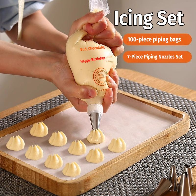 7 pcs Cake decorating bag with nozzle - A household disposable baking tool for preparing baby's complementary food. Cake cream decorating bag - Stainless steel piping tool for cake decoration.