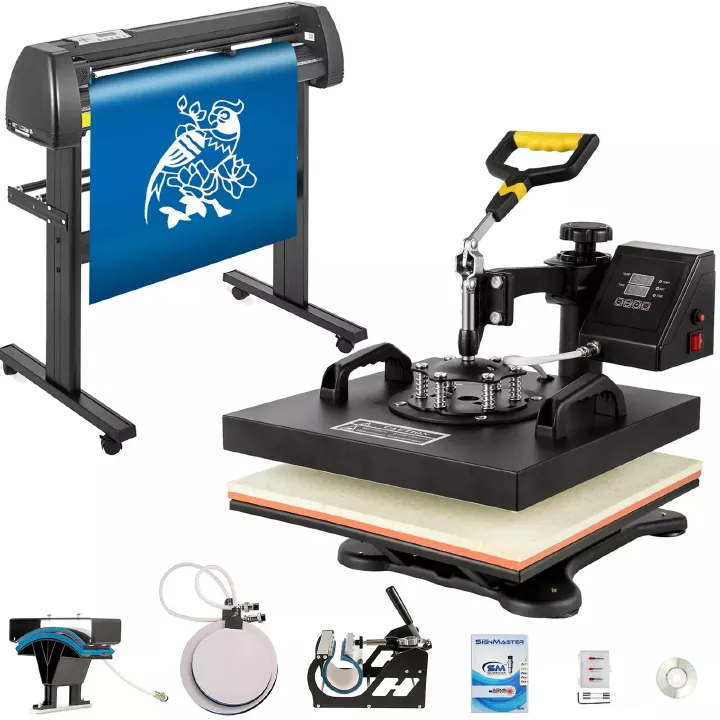 Combo 8-in-1 Heat Press Machine (12"x15") + 2 Feet Vinyl Cutter/Plotter – Complete Printing for T-Shirts, Mugs, Caps & Stickers Business Starter Kit Ideal for Custom Apparel, Gift Items & Branding