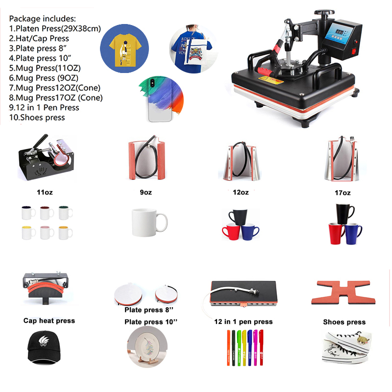 10 In 1 Combo Multi-functional Heat Transfer Press Machine T-shirt, Mug, Tumbler, Plate, Pens Press Machine