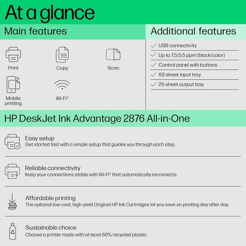 (FREE REAM PAPER + FREE PRINTER CABLE)HP DeskJet Ink Advantage 2876 Wireless All-in-One Printer, Print, copy, scan