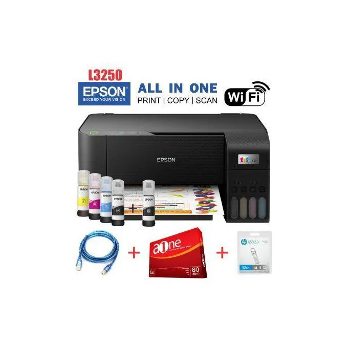 (GET FREE REAM PAPER A4 SIZE, FREE PRINTER CABLE & FREE 32GB FLASH DRIVE)Epson EcoTank L3250 A4 Wi-Fi All-in-One Ink Tank Printer 3-in-1 Print, Copy, Scan printer,