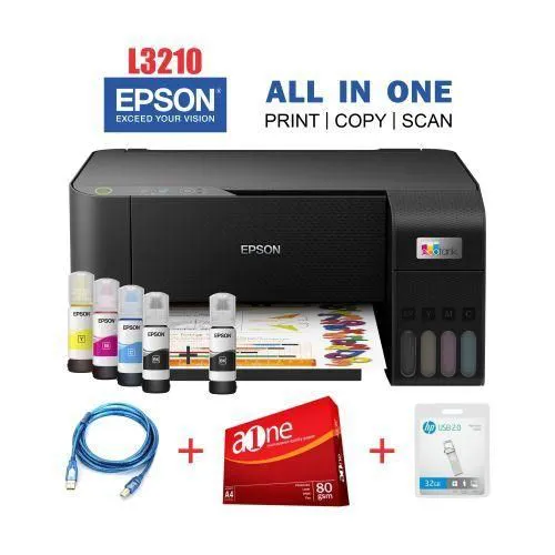 (GET FREE REAM PAPER A4 SIZE, FREE PRINTER CABLE & FREE 32GB FLASH DRIVE) Epson L3210 A4 Printer-3-IN-1 Print, Copy & Scan All-in-One Printer