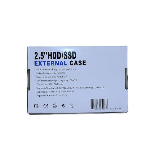 2.5" SATA 2.0 USB HDD Enclosure case. A compact external enclosure that lets you easily convert a 2.5″ SATA hard drive or SSD into a portable USB drive. Plug-and-play design with USB 2.0 connectivity,