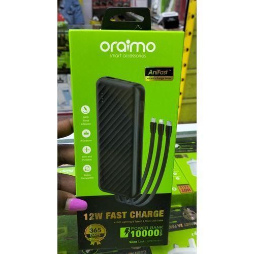 Oraimo Slice Link 10000mAh 12W Fast Charge 3 in 1 Portable Power Bank with Built-in Lightning & Type-C & Micro USB Cable(Oraimo 10000mAh 12W Fast Charge 3 In 1 Portable Power Bank -Black )