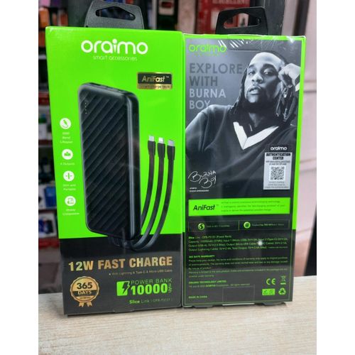 Oraimo Slice Link 10000mAh 12W Fast Charge 3 in 1 Portable Power Bank with Built-in Lightning & Type-C & Micro USB Cable(Oraimo 10000mAh 12W Fast Charge 3 In 1 Portable Power Bank -Black )