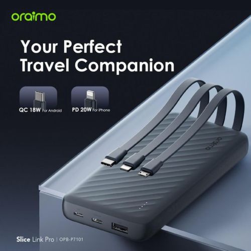 Oraimo Slice Link 10000mAh 12W Fast Charge 3 in 1 Portable Power Bank with Built-in Lightning & Type-C & Micro USB Cable(Oraimo 10000mAh 12W Fast Charge 3 In 1 Portable Power Bank -Black )