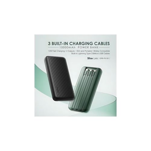 Oraimo Slice Link 10000mAh 12W Fast Charge 3 in 1 Portable Power Bank with Built-in Lightning & Type-C & Micro USB Cable(Oraimo 10000mAh 12W Fast Charge 3 In 1 Portable Power Bank -Black )