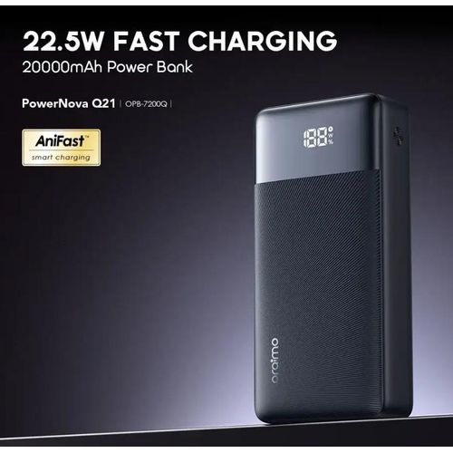 Oraimo PowerNova Q21 20000mAh 22.5W Power Bank (OPB-7200Q) , Smart Digital Display , Up To 78-Hour Extra Usage Time , Charge Phone To 60% In 30 Mins , PD3.0 & QC3.0 Compatibility - Black