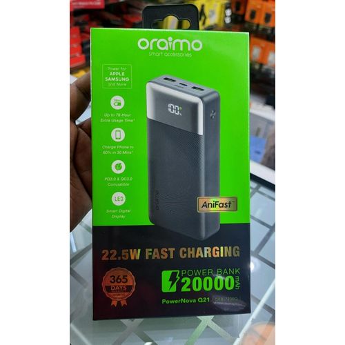 Oraimo PowerNova Q21 20000mAh 22.5W Power Bank (OPB-7200Q) , Smart Digital Display , Up To 78-Hour Extra Usage Time , Charge Phone To 60% In 30 Mins , PD3.0 & QC3.0 Compatibility - Black