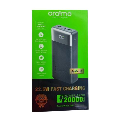 Oraimo PowerNova Q21 20000mAh 22.5W Power Bank (OPB-7200Q) , Smart Digital Display , Up To 78-Hour Extra Usage Time , Charge Phone To 60% In 30 Mins , PD3.0 & QC3.0 Compatibility - Black