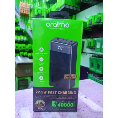 Oraimo PowerBox 400 Vision – 40000mAh, 22.5W Fast Charging, 4-Output LED Display Power Bank(Oraimo POWERBOX 400 VISION (OPB-7400Q) 40000mAh 22.5W fast charging POWER BANK  with 2 Inputs, 4 Outputs)