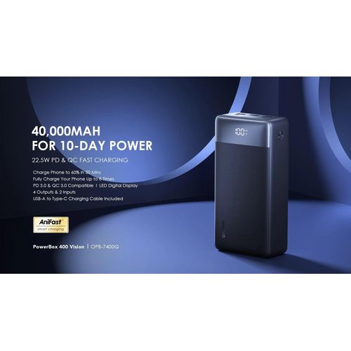 Oraimo PowerBox 400 Vision – 40000mAh, 22.5W Fast Charging, 4-Output LED Display Power Bank(Oraimo POWERBOX 400 VISION (OPB-7400Q) 40000mAh 22.5W fast charging POWER BANK  with 2 Inputs, 4 Outputs)