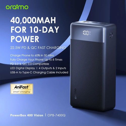 Oraimo PowerBox 400 Vision – 40000mAh, 22.5W Fast Charging, 4-Output LED Display Power Bank(Oraimo POWERBOX 400 VISION (OPB-7400Q) 40000mAh 22.5W fast charging POWER BANK  with 2 Inputs, 4 Outputs)