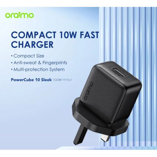 Oraimo PowerCube 10W Type-C Charger Kit – Fast 5V/2A Wall Adapter + 1M USB-C Cable, Compact & Safe for Android Devices-Oraimo PowerCube 10 Sleek Type C Fast Charger, 10W, Black