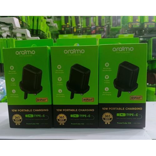 Oraimo PowerCube 10W Type-C Charger Kit – Fast 5V/2A Wall Adapter + 1M USB-C Cable, Compact & Safe for Android Devices-Oraimo PowerCube 10 Sleek Type C Fast Charger, 10W, Black