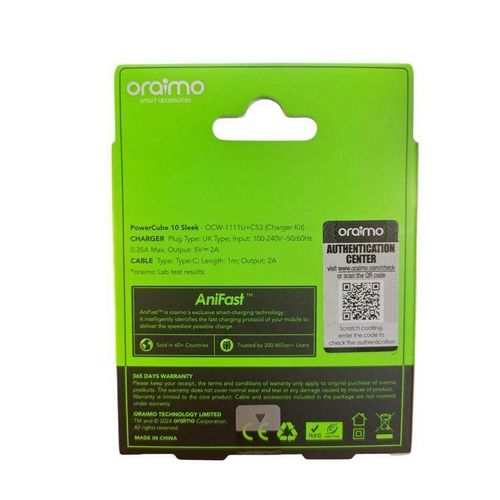 Oraimo PowerCube 10W Type-C Charger Kit – Fast 5V/2A Wall Adapter + 1M USB-C Cable, Compact & Safe for Android Devices-Oraimo PowerCube 10 Sleek Type C Fast Charger, 10W, Black