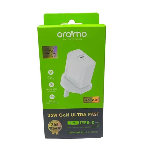 Oraimo Fast Charger 35W GaN Ultra TYPE-C With Free Charging Cable-Oraimo PowerGaN 351 35W GaN Ultra Fast Charger Kit – High-Speed USB Charger for Smartphones, Tablets & Laptops