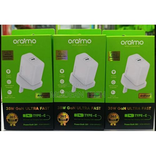Oraimo Fast Charger 35W GaN Ultra TYPE-C With Free Charging Cable-Oraimo PowerGaN 351 35W GaN Ultra Fast Charger Kit – High-Speed USB Charger for Smartphones, Tablets & Laptops
