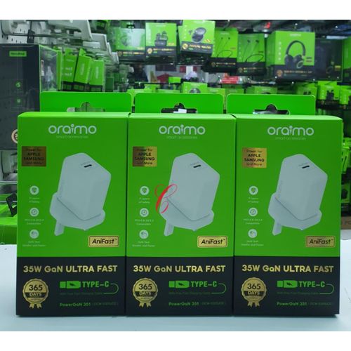Oraimo Fast Charger 35W GaN Ultra TYPE-C With Free Charging Cable-Oraimo PowerGaN 351 35W GaN Ultra Fast Charger Kit – High-Speed USB Charger for Smartphones, Tablets & Laptops