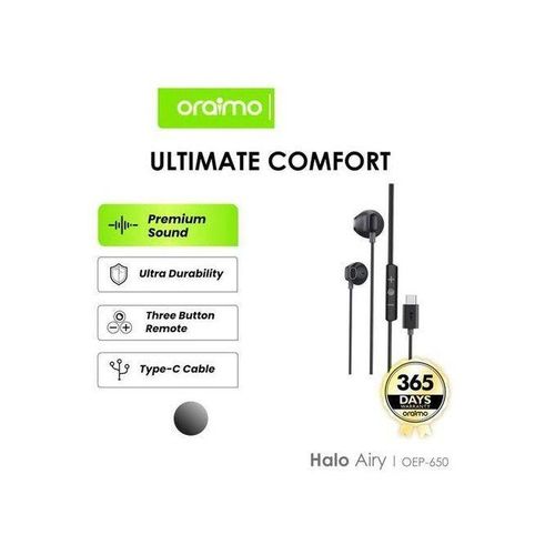 Oraimo Halo Airy OEP-650 – Type-C Earphones With Ultimate Comfort And Crystal-Clear Sound-Oraimo Halo Airy Type-C Wired Half-In-Ear Earphones with Deep Bass, 3-Button Remote & Durable Design.