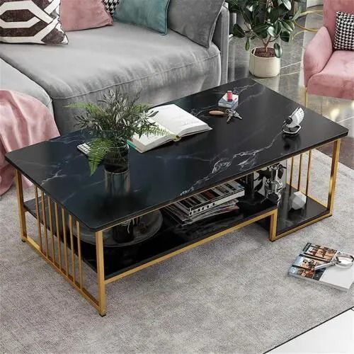 4fts Marble Top Coffee Table  With Storage shelves for Living Room (Black)