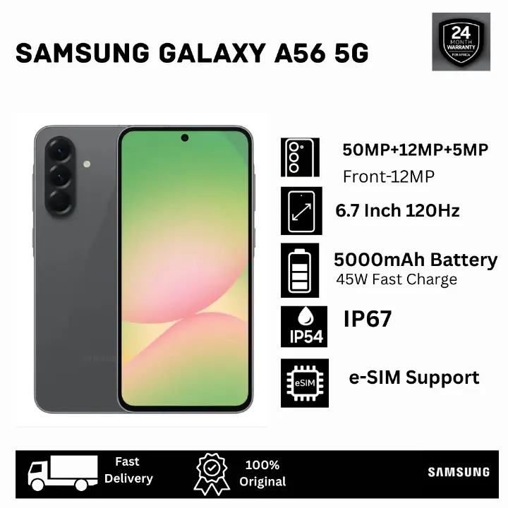 [Tech Week Offer] Samsung Galaxy A56 256/128GB+8GB 6.7" 120Hz Super AMOLED Display (50+12+5)MP Camera 5000mAh Battery Dual SIM/e-SIM 45W Charging On-Screen Fingerprint IP67 6 OS Updates Smartphone