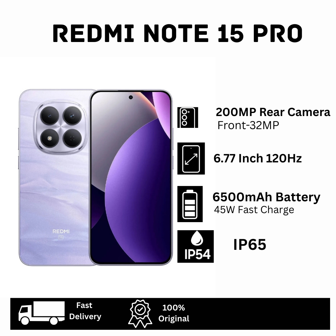 XIAOMI Redmi Note 15 Pro 256GB+16(8+8)GB 6.77" Curved AMOLED 120Hz Display (200+8)MP Camera 6500mAh Battery 45W Fast Charging On-Screen Fingerprint Dual SIM IP65 MTK Helio G200 Ultra AI Smartphone