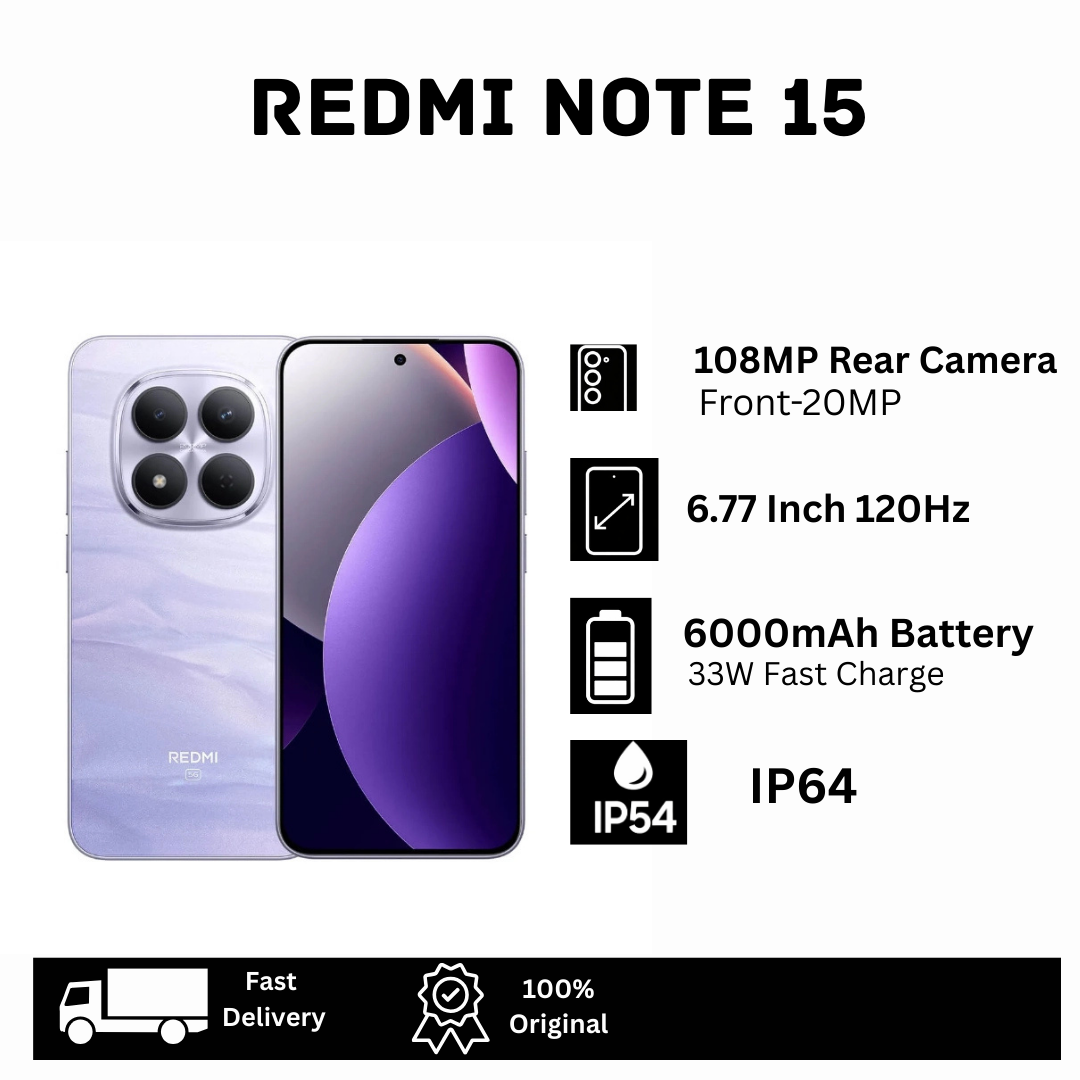 XIAOMI Redmi Note 15 256GB+16(8+8)GB 6.77" Curved 120Hz AMOLED Display Dual SIM 108MP Camera 6000mAh Battery 33W Charge IP64 On-Screen Fingerprint MTK Helio G100 Ultra Android AI Smartphone