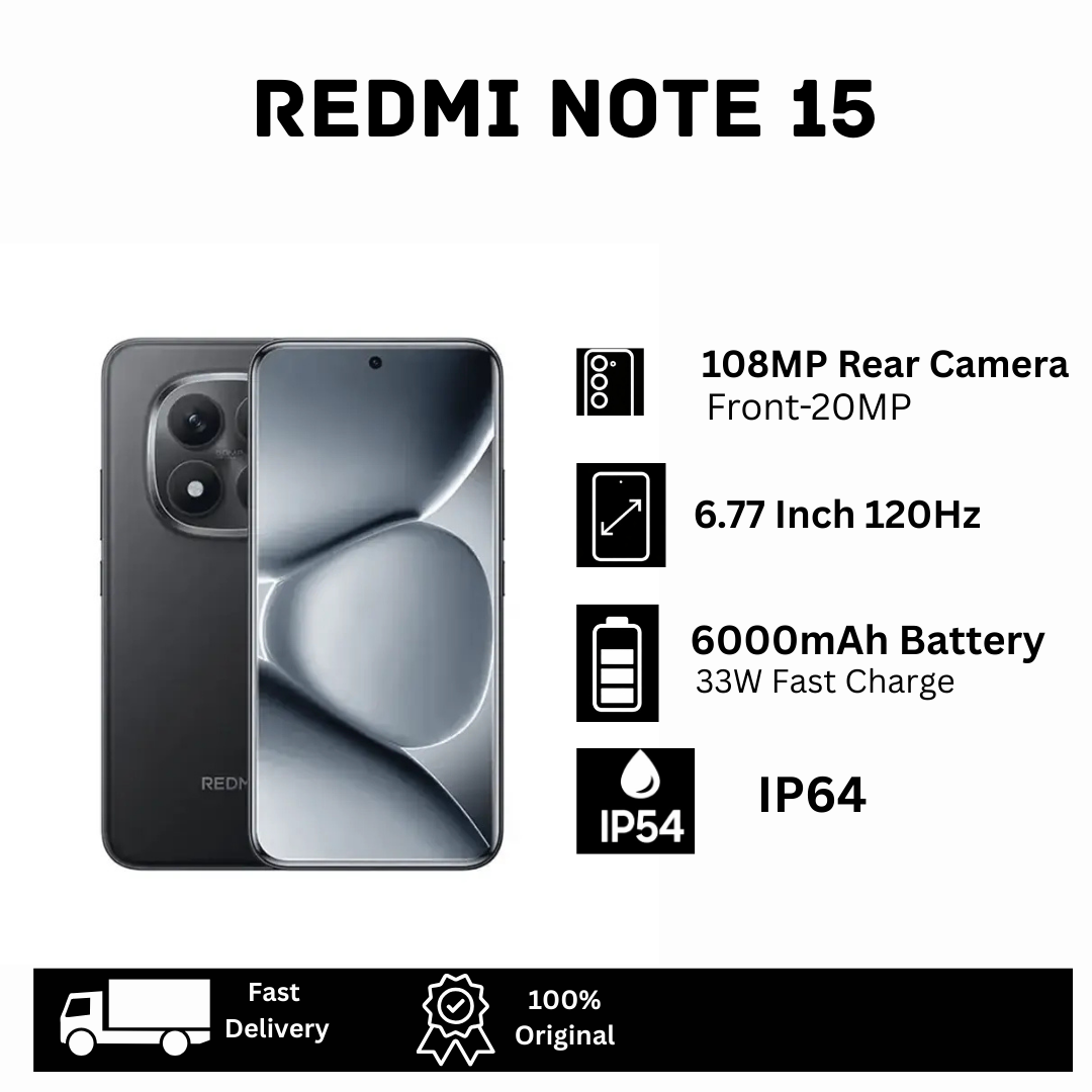 XIAOMI Redmi Note 15 256GB+16(8+8)GB 6.77" Curved 120Hz AMOLED Display Dual SIM 108MP Camera 6000mAh Battery 33W Charge IP64 On-Screen Fingerprint MTK Helio G100 Ultra Android AI Smartphone
