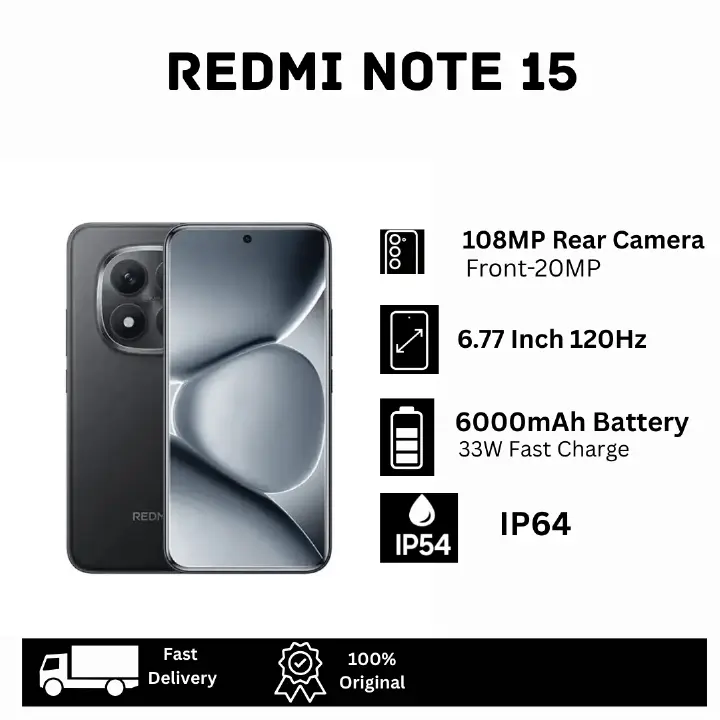 XIAOMI Redmi Note 15 256GB+16(8+8)GB 6.77" Curved 120Hz AMOLED Display Dual SIM 108MP Camera 6000mAh Battery 33W Charge IP64 On-Screen Fingerprint MTK Helio G100 Ultra Android AI Smartphone