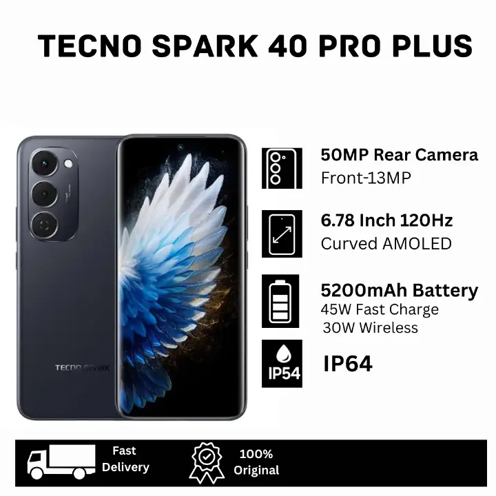 TECNO Spark 40 Pro Plus 256GB+16(8+8)GB 6.78" 144Hz Curved AMOLED Display 50MP Camera 5200mAh Battery 45W Charging 30W Wireless On-Screen Fingerprint Dual SIM Spark 40 Pro+ Smart AI Smartphone