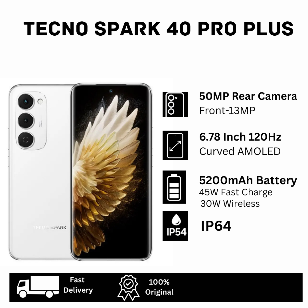 TECNO Spark 40 Pro Plus 256GB+16(8+8)GB 6.78" 144Hz Curved AMOLED Display 50MP Camera 5200mAh Battery 45W Charging 30W Wireless On-Screen Fingerprint Dual SIM Spark 40 Pro+ Smart AI Smartphone