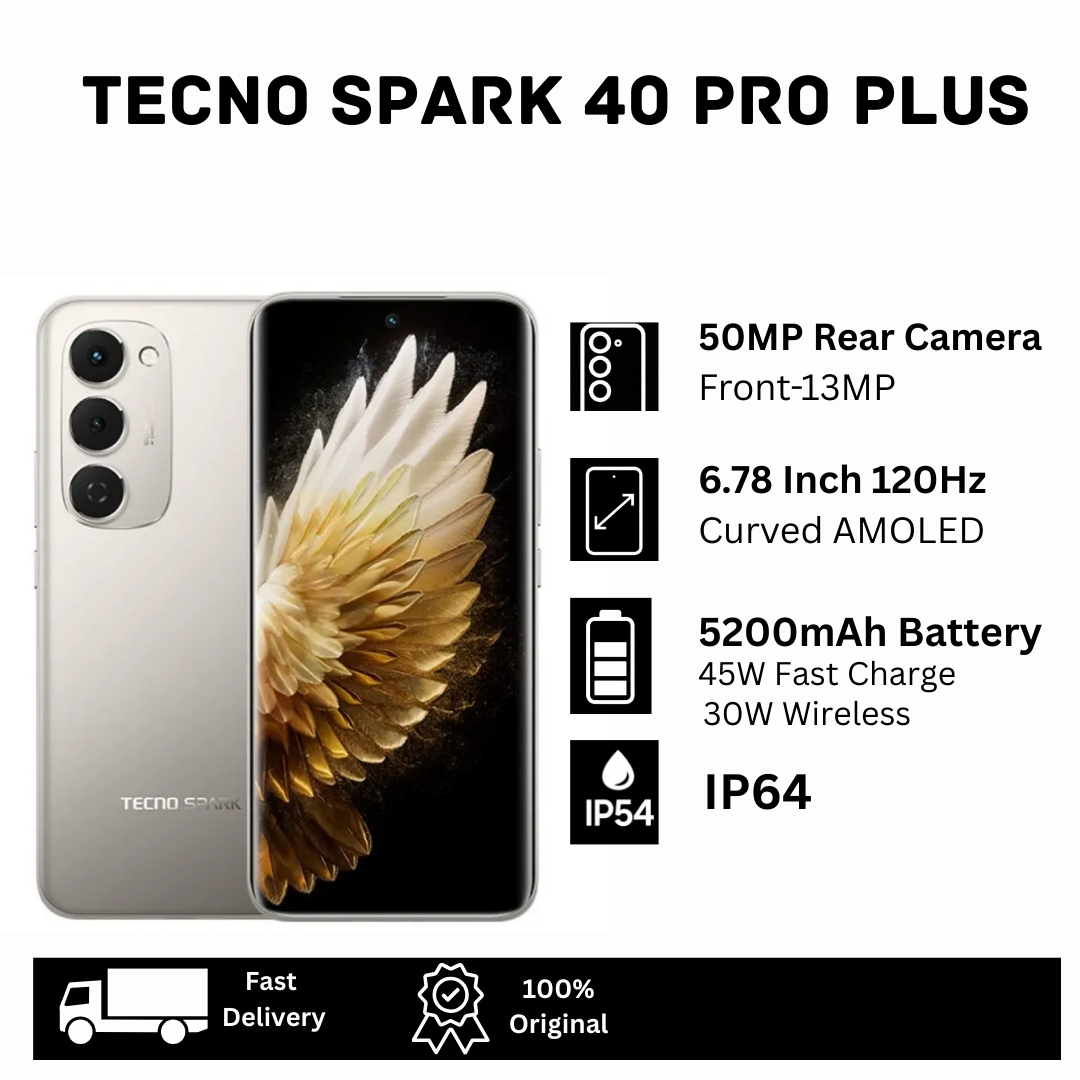 TECNO Spark 40 Pro Plus 256GB+16(8+8)GB 6.78" 144Hz Curved AMOLED Display 50MP Camera 5200mAh Battery 45W Charging 30W Wireless On-Screen Fingerprint Dual SIM Spark 40 Pro+ Smart AI Smartphone