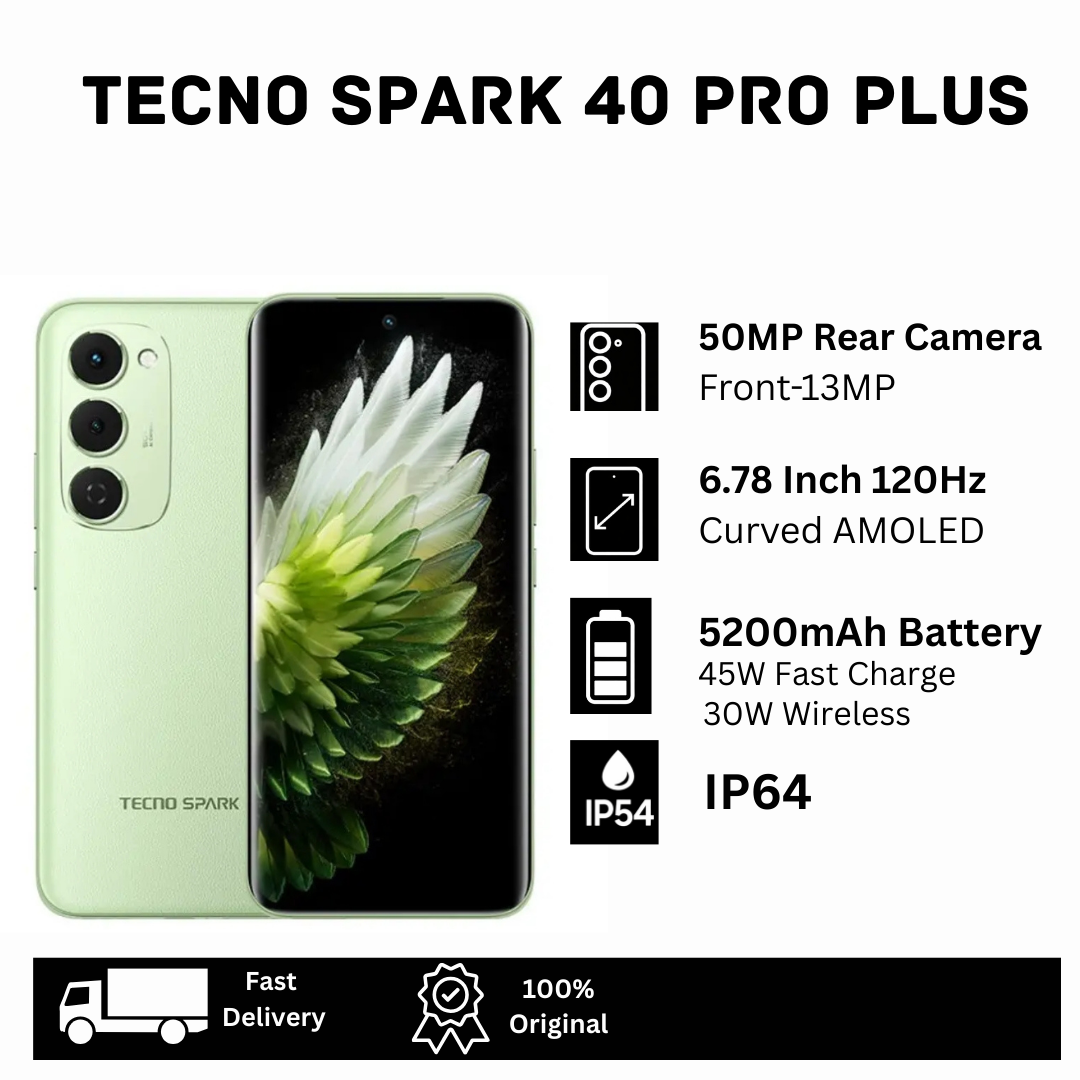 TECNO Spark 40 Pro Plus 256GB+16(8+8)GB 6.78" 144Hz Curved AMOLED Display 50MP Camera 5200mAh Battery 45W Charging 30W Wireless On-Screen Fingerprint Dual SIM Spark 40 Pro+ Smart AI Smartphone