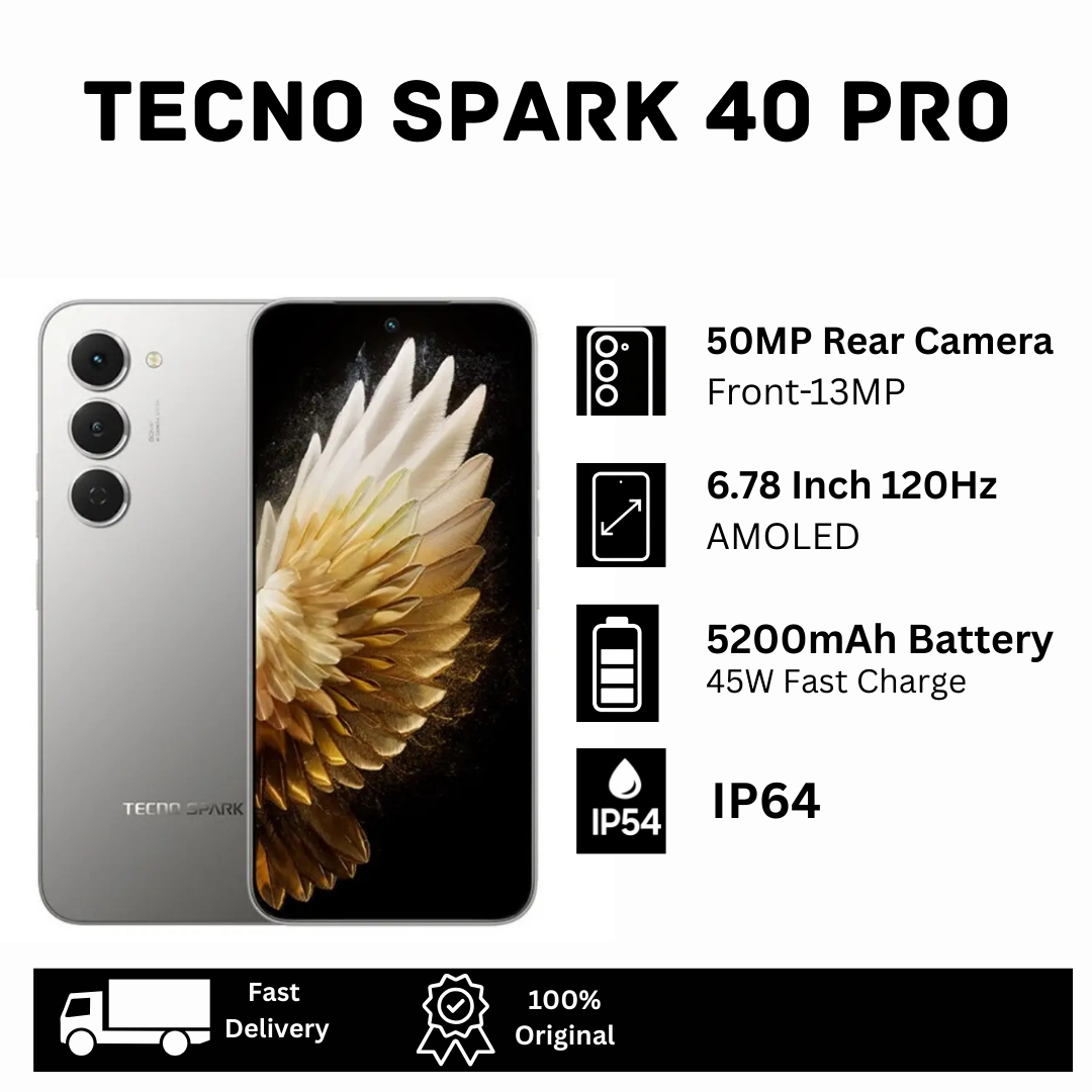 TECNO Spark 40 Pro 128GB+16(8+8)GB Dual SIM 6.78" 144Hz AMOLED Display 50MP Camera 5200mAh Battery 45W Fast Charger On-Screen Fingerprint IP64 Gorilla Glass 7i MTK Helio G100 Ultimate AI Smartphone