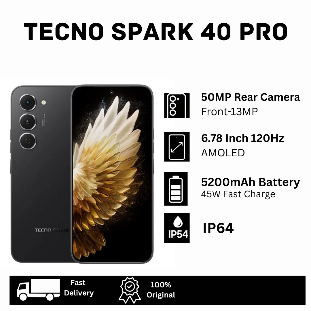 TECNO Spark 40 Pro 128GB+16(8+8)GB Dual SIM 6.78" 144Hz AMOLED Display 50MP Camera 5200mAh Battery 45W Fast Charger On-Screen Fingerprint IP64 Gorilla Glass 7i MTK Helio G100 Ultimate AI Smartphone