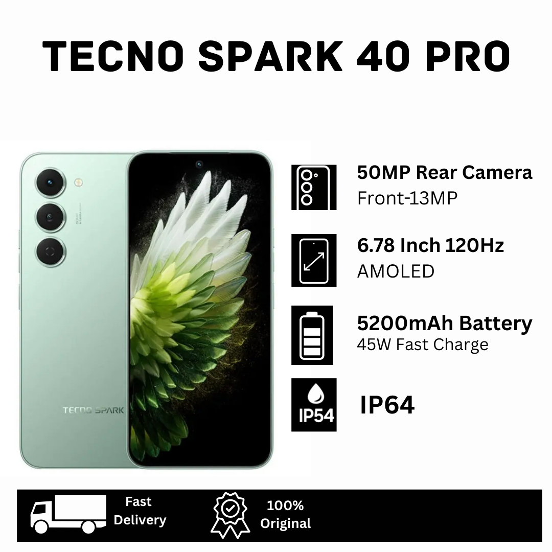 TECNO Spark 40 Pro 128GB+16(8+8)GB Dual SIM 6.78" 144Hz AMOLED Display 50MP Camera 5200mAh Battery 45W Fast Charger On-Screen Fingerprint IP64 Gorilla Glass 7i MTK Helio G100 Ultimate AI Smartphone