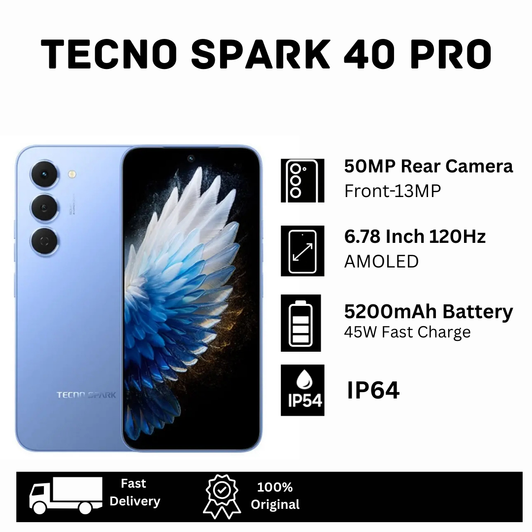 TECNO Spark 40 Pro 128GB+16(8+8)GB Dual SIM 6.78" 144Hz AMOLED Display 50MP Camera 5200mAh Battery 45W Fast Charger On-Screen Fingerprint IP64 Gorilla Glass 7i MTK Helio G100 Ultimate AI Smartphone