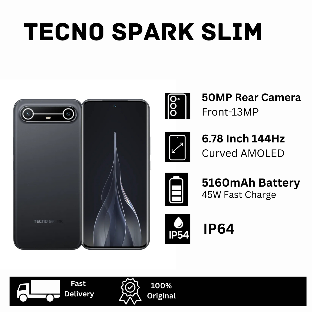 [Hot Deal🔥🔥] TECNO Spark Slim 256GB+16(8+8)GB 6.78" 144Hz Curved AMOLED Display Dual SIM On-Screen Fingerprint 50MP Camera 5160mAh Battery 45W Fast Charging MTK Helio G200 Smart AI Smartphone