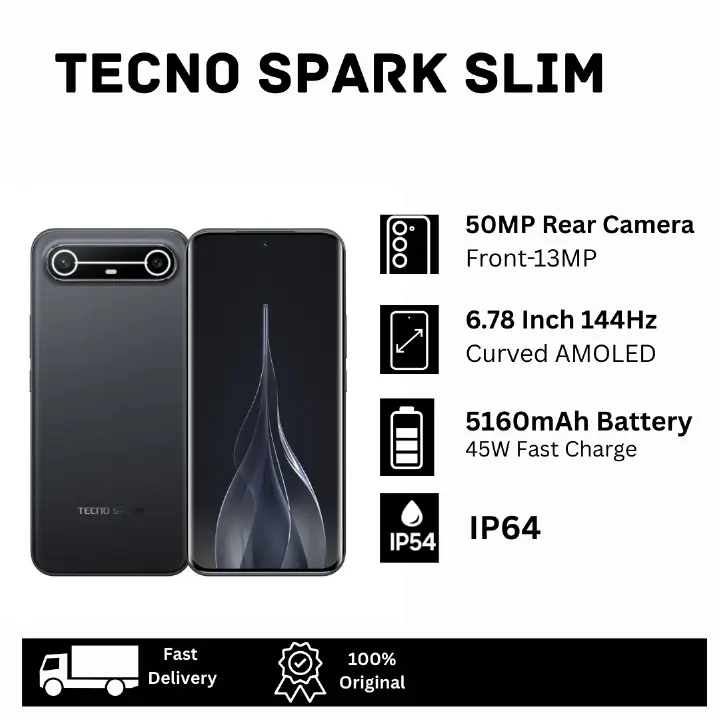 [Hot Deal🔥🔥] TECNO Spark Slim 256GB+16(8+8)GB 6.78" 144Hz Curved AMOLED Display Dual SIM On-Screen Fingerprint 50MP Camera 5160mAh Battery 45W Fast Charging MTK Helio G200 Smart AI Smartphone