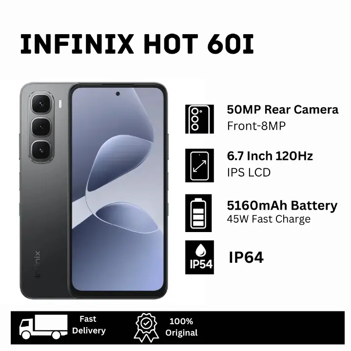 [Limited Discount🔥🔥] Infinix Hot 60i 128GB+8(4+4)GB 6.7" IPS LCD 120Hz Display 50MP Camera 5160mAh Battery 45W Fast Charging Dual SIM Fingerprint IP64 Rated Smart AI Smartphone