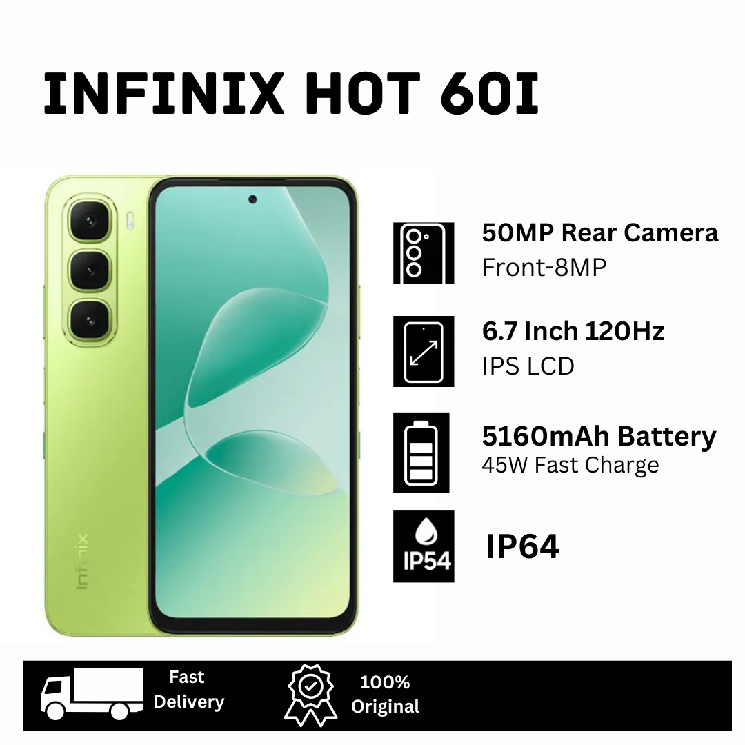 [Limited Discount🔥🔥] Infinix Hot 60i 128GB+8(4+4)GB 6.7" IPS LCD 120Hz Display 50MP Camera 5160mAh Battery 45W Fast Charging Dual SIM Fingerprint IP64 Rated Smart AI Smartphone