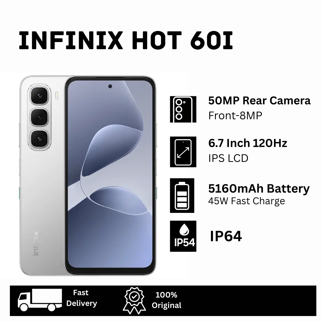 [Limited Discount🔥🔥] Infinix Hot 60i 128GB+8(4+4)GB 6.7" IPS LCD 120Hz Display 50MP Camera 5160mAh Battery 45W Fast Charging Dual SIM Fingerprint IP64 Rated Smart AI Smartphone