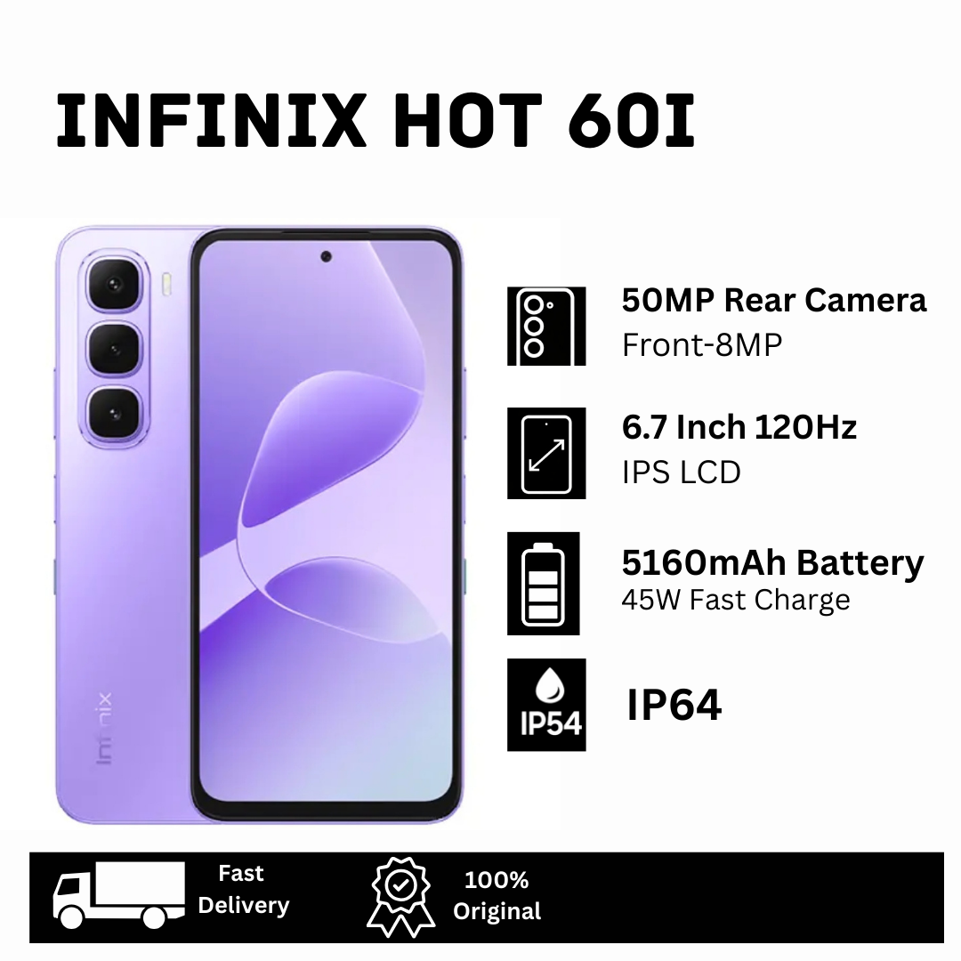[Limited Discount🔥🔥] Infinix Hot 60i 128GB+8(4+4)GB 6.7" IPS LCD 120Hz Display 50MP Camera 5160mAh Battery 45W Fast Charging Dual SIM Fingerprint IP64 Rated Smart AI Smartphone