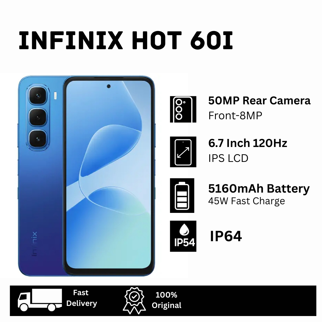 [Limited Discount🔥🔥] Infinix Hot 60i 128GB+8(4+4)GB 6.7" IPS LCD 120Hz Display 50MP Camera 5160mAh Battery 45W Fast Charging Dual SIM Fingerprint IP64 Rated Smart AI Smartphone