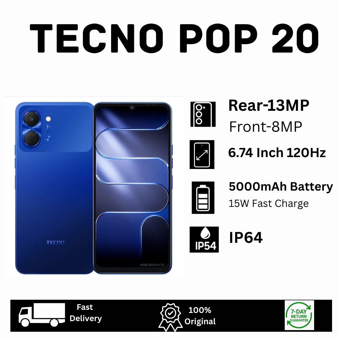 [New Arrival🔥🔥] TECNO Pop 20 128/64GB+8(4+4)GB 6.74" IPS LCD 120Hz Display Dual SIM 13MP Camera 5000mAh Battery 15W Charging Fingerprint Unlock IP64 Rated Smart AI Smartphone Pop 10