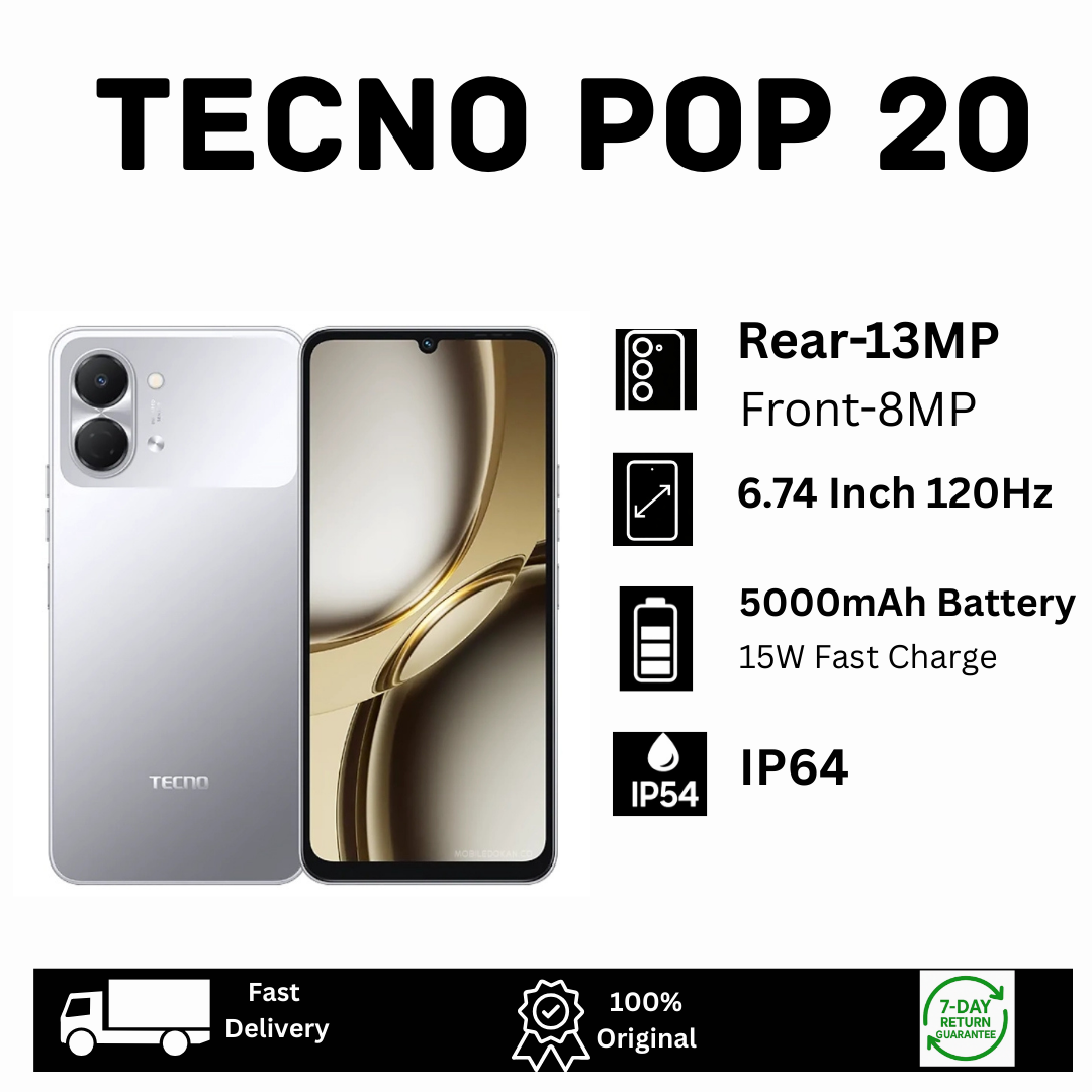 [New Arrival🔥🔥] TECNO Pop 20 128/64GB+8(4+4)GB 6.74" IPS LCD 120Hz Display Dual SIM 13MP Camera 5000mAh Battery 15W Charging Fingerprint Unlock IP64 Rated Smart AI Smartphone Pop 10